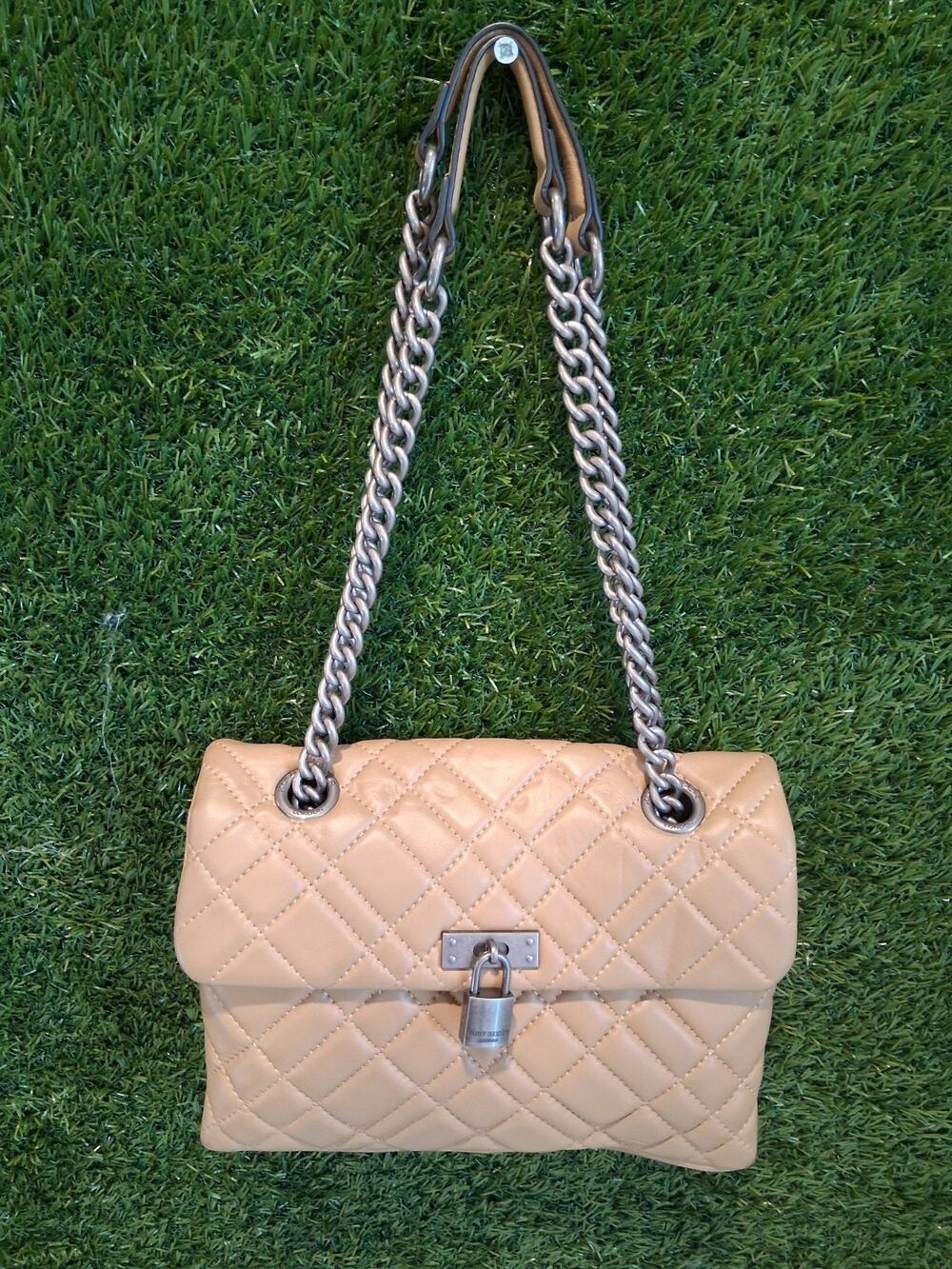 Kurt Geiger London Brixton Lock Quilted Beige Leather Flap Chain Shoulder Bag